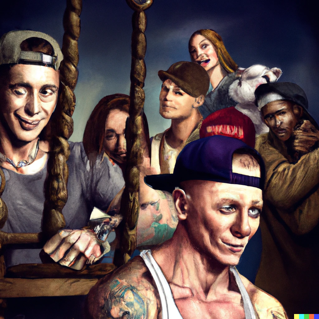 Prompt: Eminem on a seesaw with mgk while Megan fox watched in the background in the art style of Rembrandt 