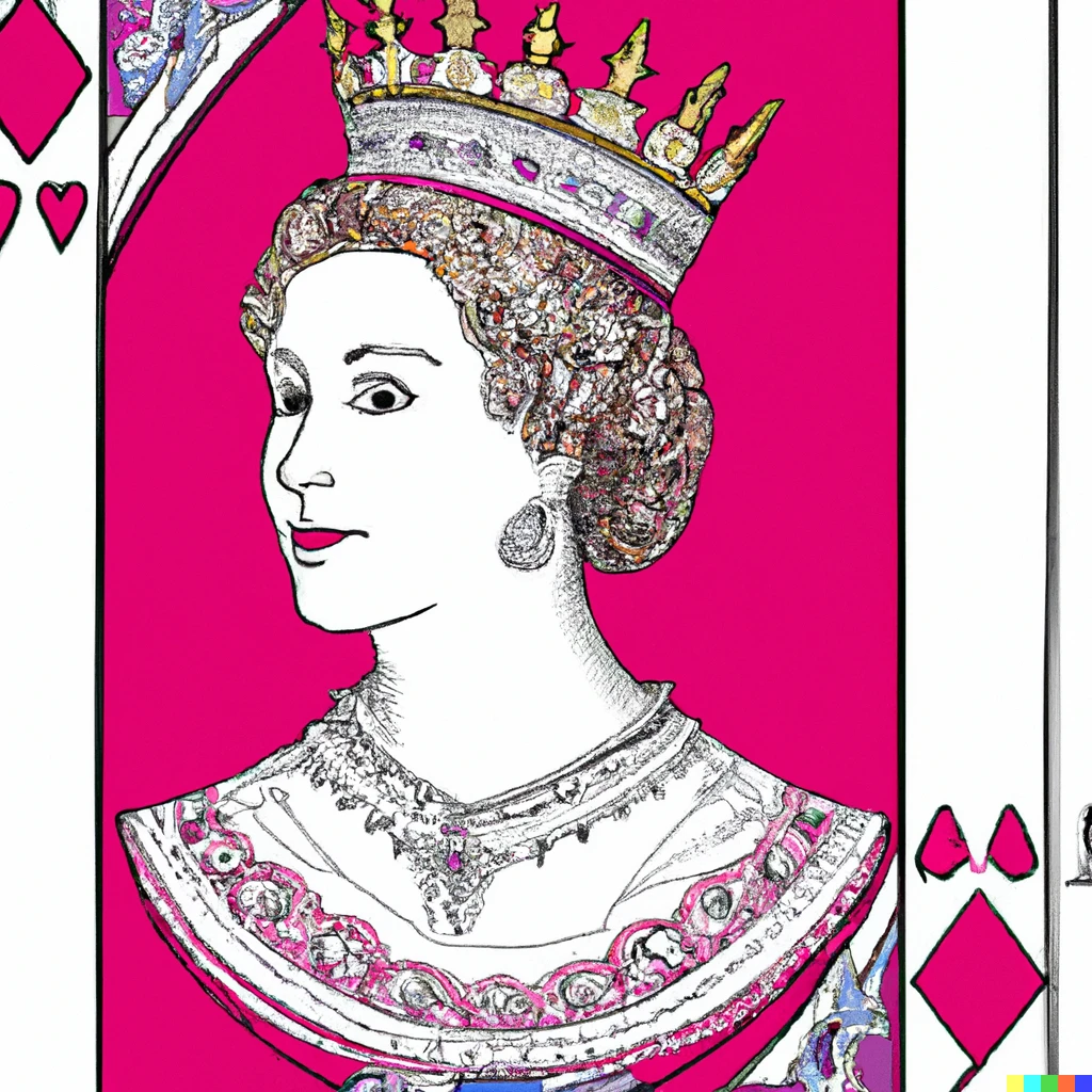 Prompt: Diamond Queen Elizabeth playing card
