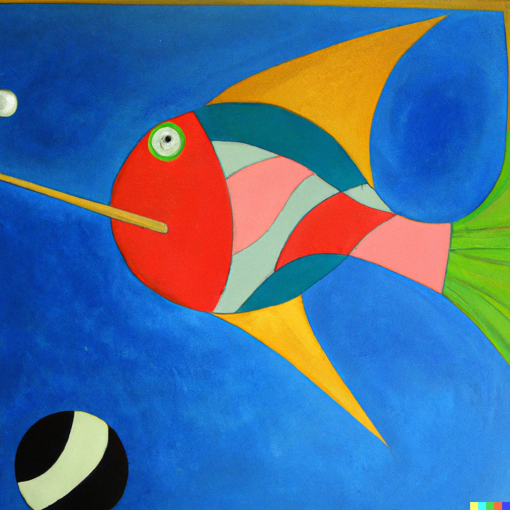 Prompt: una pintura al óleo de kandinsky de un pez jugando al billar