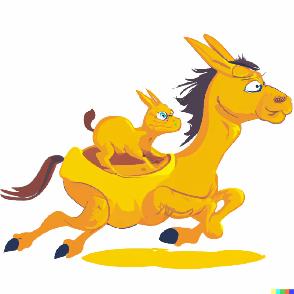 Prompt: little orange donkey standing on a yellow galloping horse as aliens with aerodynamically optimized bodies.