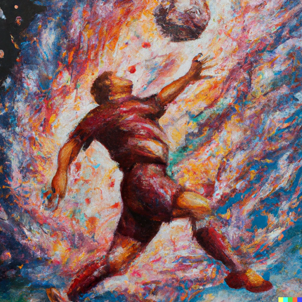 Prompt: an expressive oil painting of a football player kicking a ball, depicted as an explosion of a nebula