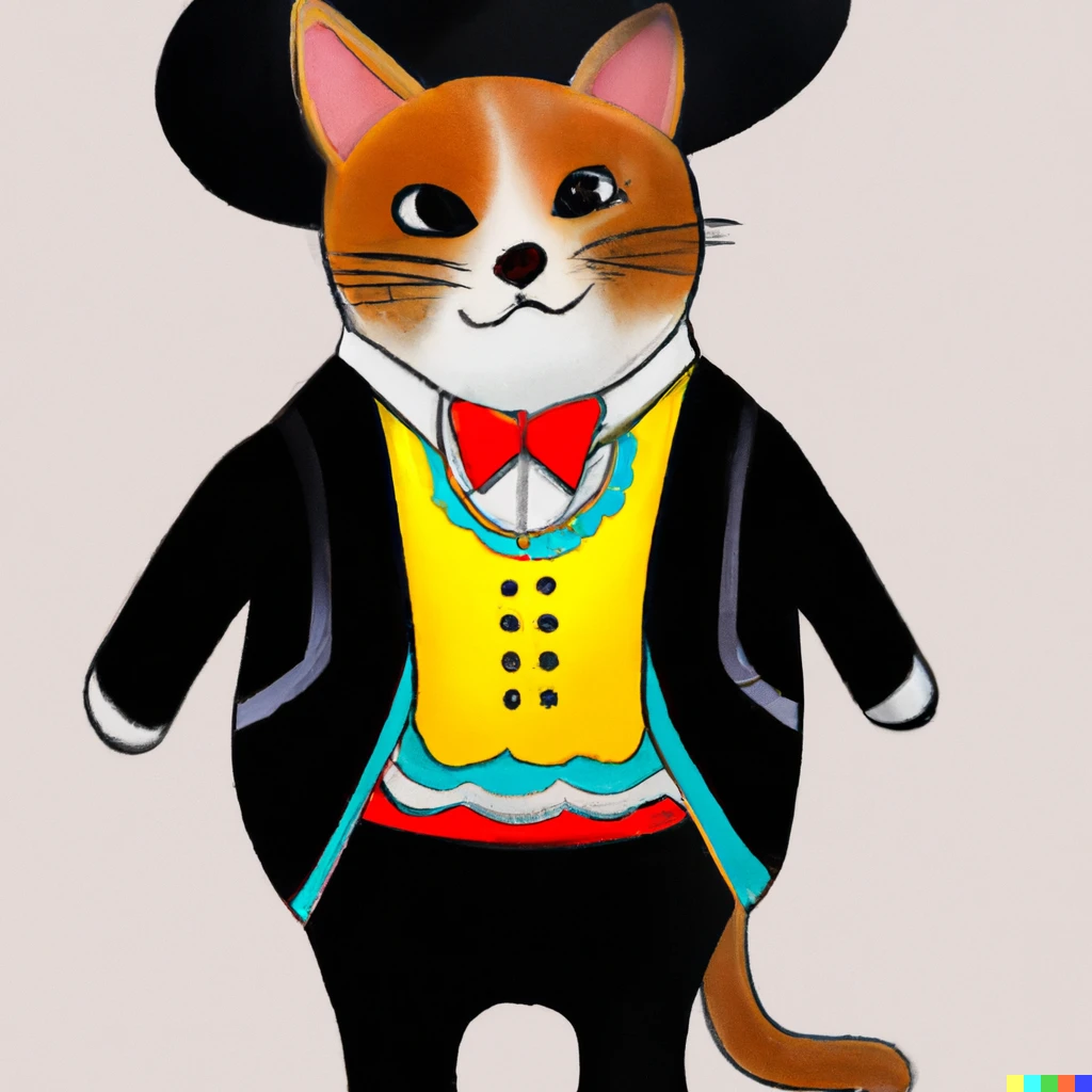 Prompt: Gracioso gato colorido vestido con traje y usando sombrero.  Hiperdetallado.