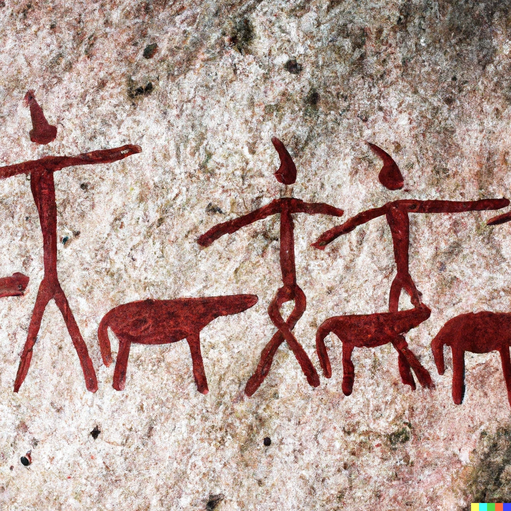 Prompt: Ritual scene depicted on cave wall in Neanderthal style.