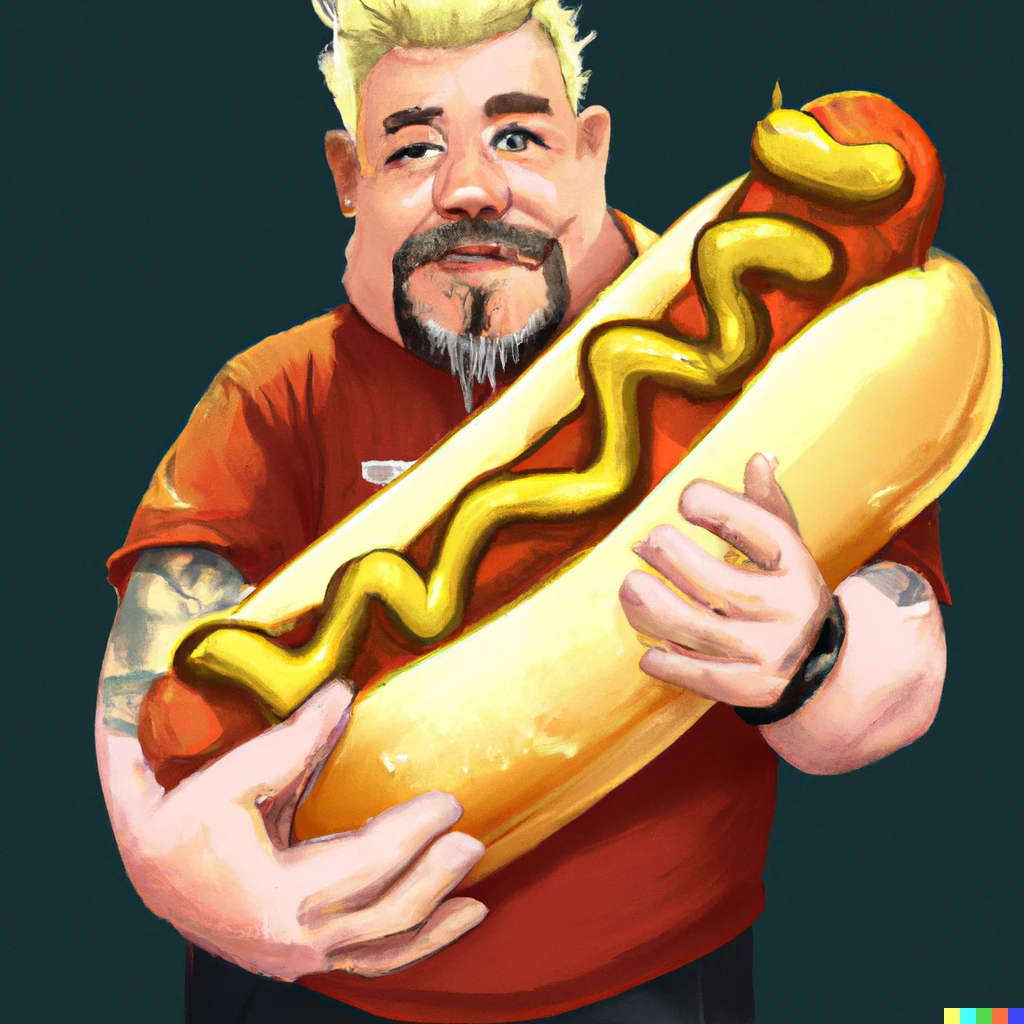 Prompt: guy fieri holding a giant hotdog like a baby, digital art