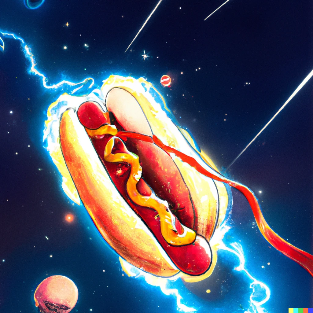 Prompt: hotdog flying through the galaxy, digital art