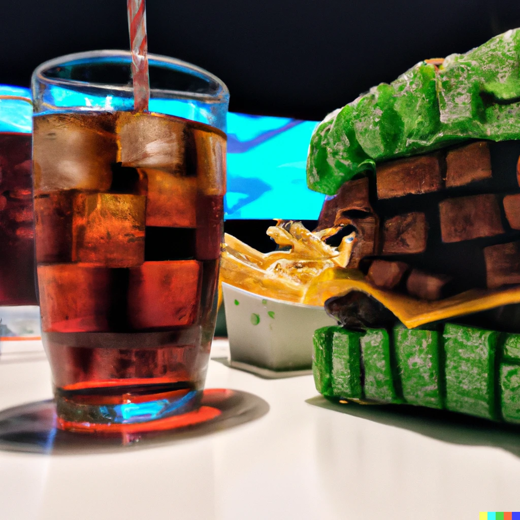 Prompt: Minecraft creeper made into a hamburger. Fries and Coca-Cola in the set. Very tasty looking photo.