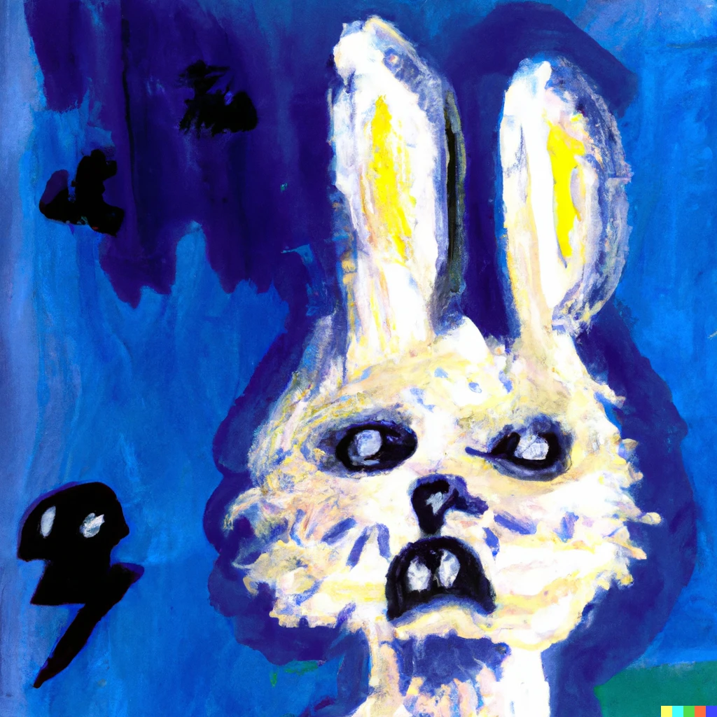 Prompt: Abstract painting of a vicious rabbit. It is filled with hatred for rabbits.
