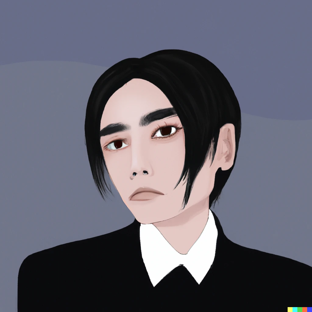 Prompt: An idol-like man with a beautiful androgynous face who narrows his eyes as he looks at the camera. He wears a suit, has black bobbed hair, is skinny, and is in his early twenties. He poses for the camera. He has an easy-going cool demeanor. High quality illustrations.