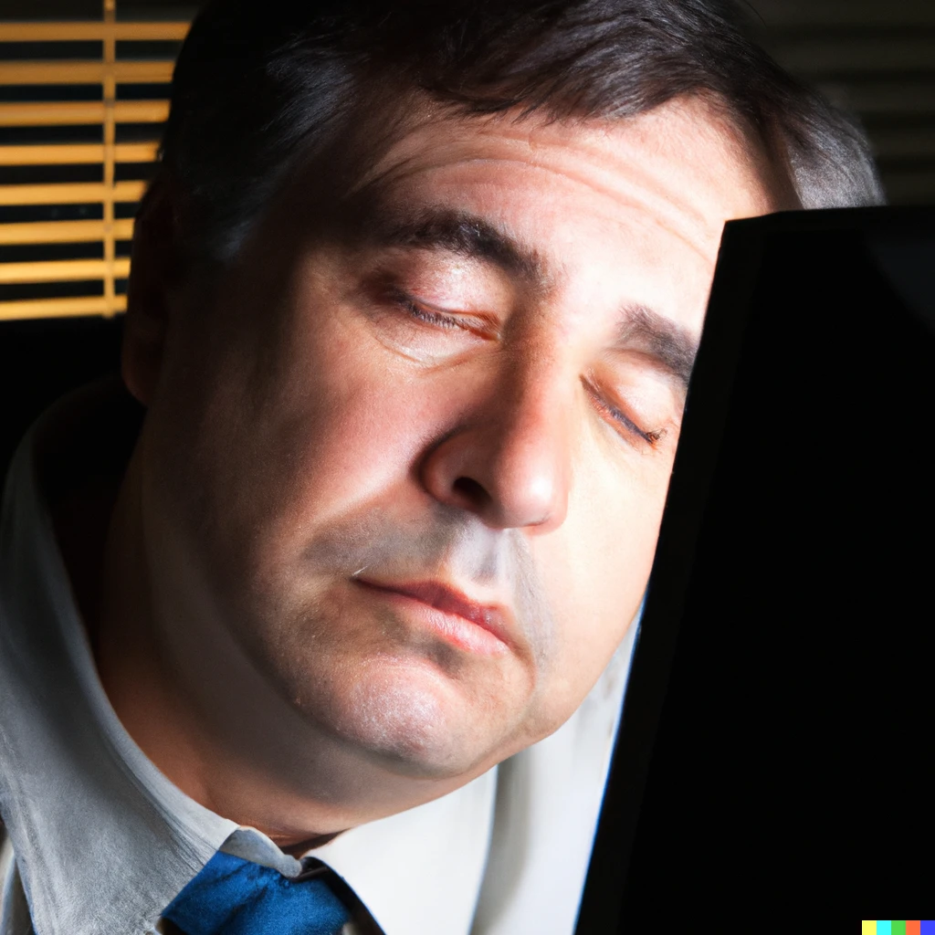 Prompt: An office worker dozing at his desk with large dark circles under his eyes after staying up all night. Only the light from his monitor illuminates him.