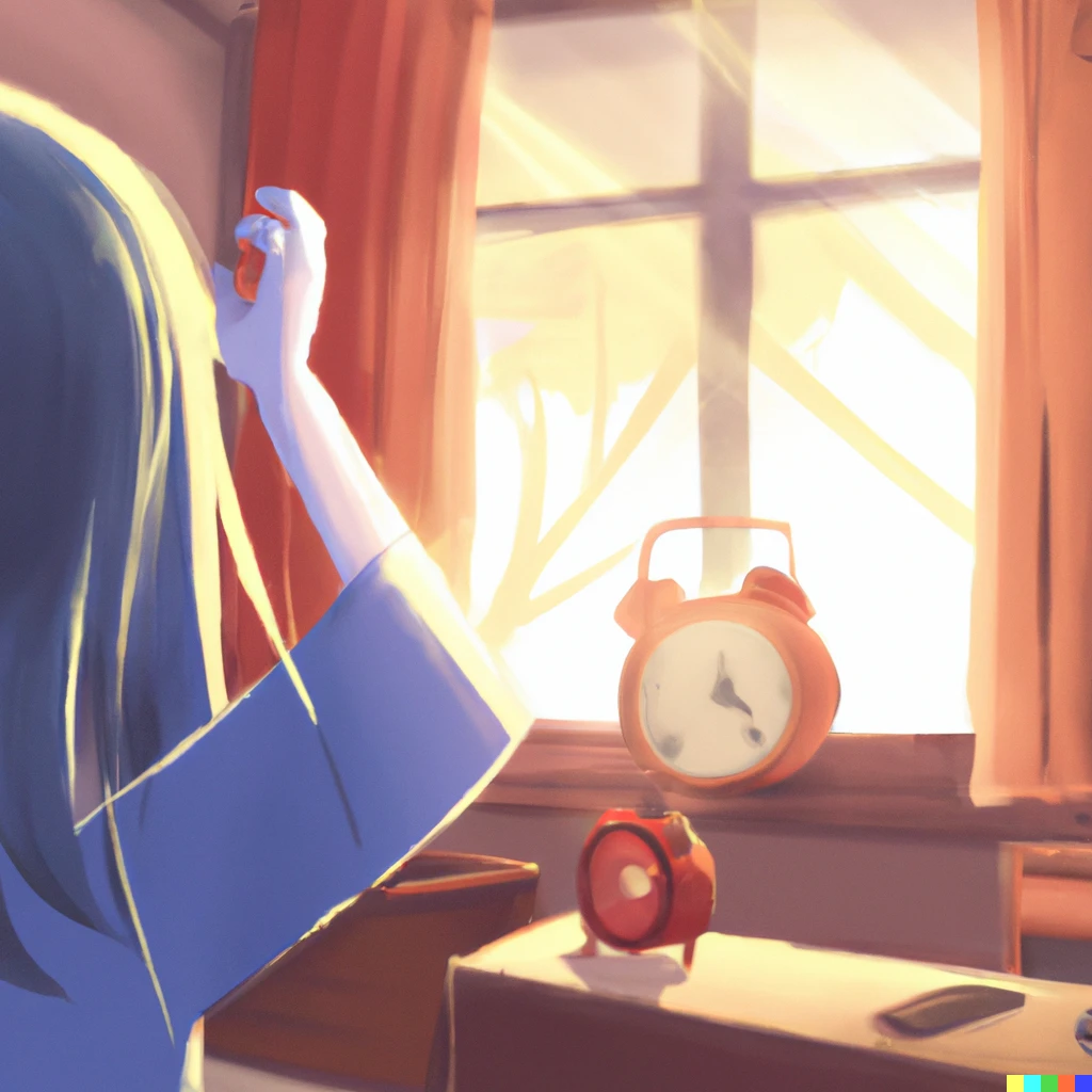 Prompt: A girl overslept at school and is panicking when she sees the time on her alarm clock. Outside the window, the light is already brightly shining from there. She is going to be late for sure because she has to get ready now. The style of Makoto Shinkai's work.
