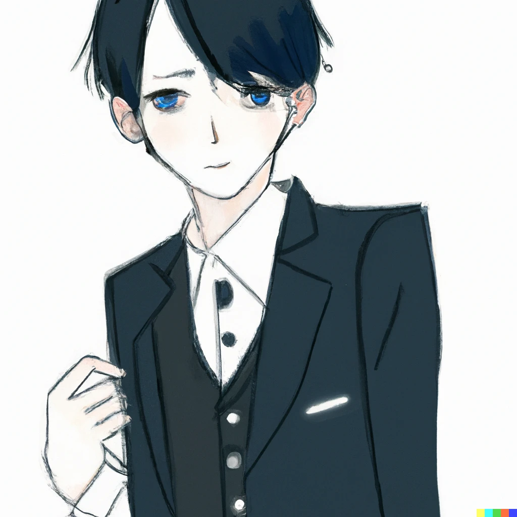 Prompt: An idol-like man with a beautiful androgynous face who narrows his eyes as he looks at the camera. He wears a suit, has black bobbed hair, is skinny, and is in his early twenties. he is posing for the camera. He has an easy-going cool vibe. Pixivで人気のイラスト