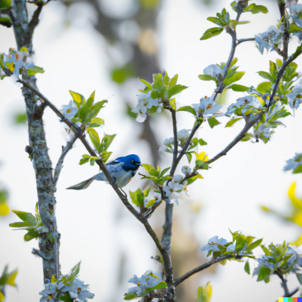 Prompt: A blue warbler perched on a plum branch