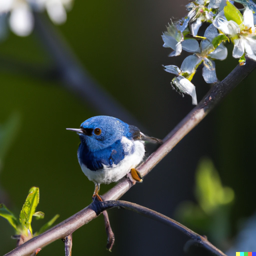 Prompt: A blue warbler perched on a plum branch