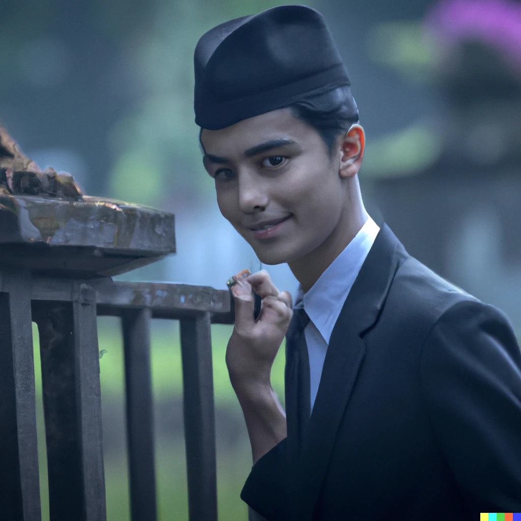 Prompt: A man with a beautiful and neutral face who seems to be nervous reaching out to the camera. He wears a black school uniform, has black bobbed hair, is thin, and wears a formal cap. The background is a white-based simple gate with a small garden behind it. He has a smiley atmosphere that seems to take him somewhere, and I feel that he has the leisure of an adult. Anyone who takes a glance at this d