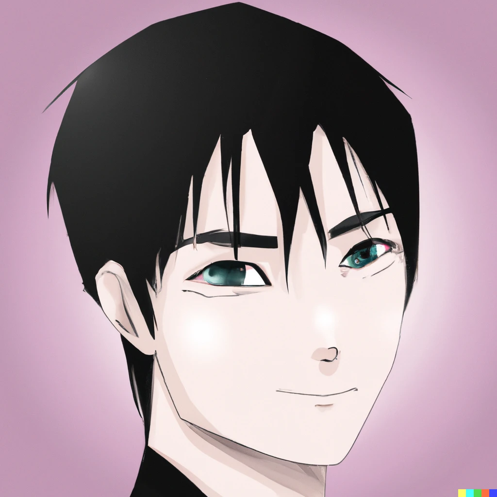 Prompt: A gentle face man with black bobbed hair. He narrows his eyes and looks at the camera. Japanese anime style.