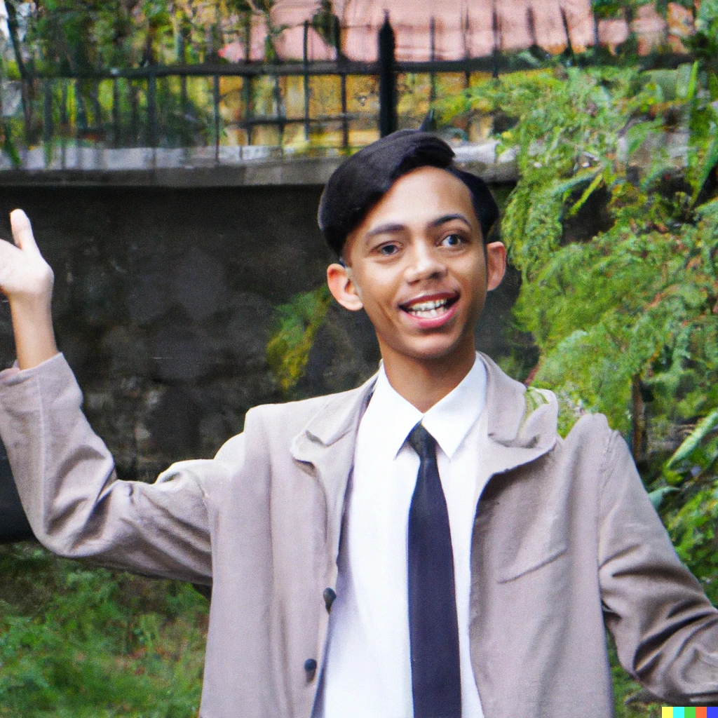 Prompt: A man with a beautiful and neutral face who seems to be nervous reaching out to the camera. He wears a black school uniform, has black bobbed hair, is thin, and wears a formal cap. The background is a white-based simple gate with a small garden behind it. He has a smiley atmosphere that seems to take him somewhere, and I feel that he has the leisure of an adult. Anyone who saw him would mistake hi
