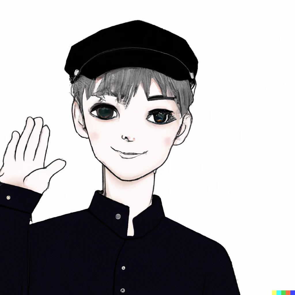 Prompt: A man with a beautiful and neutral face who seems to be nervous reaching out to the camera. He wears a black school uniform, has black bobbed hair, is thin and wears a cap. He has a smiley atmosphere that seems to take him somewhere, and I feel the leisure of adults. A delicately drawn anime-style illustration.