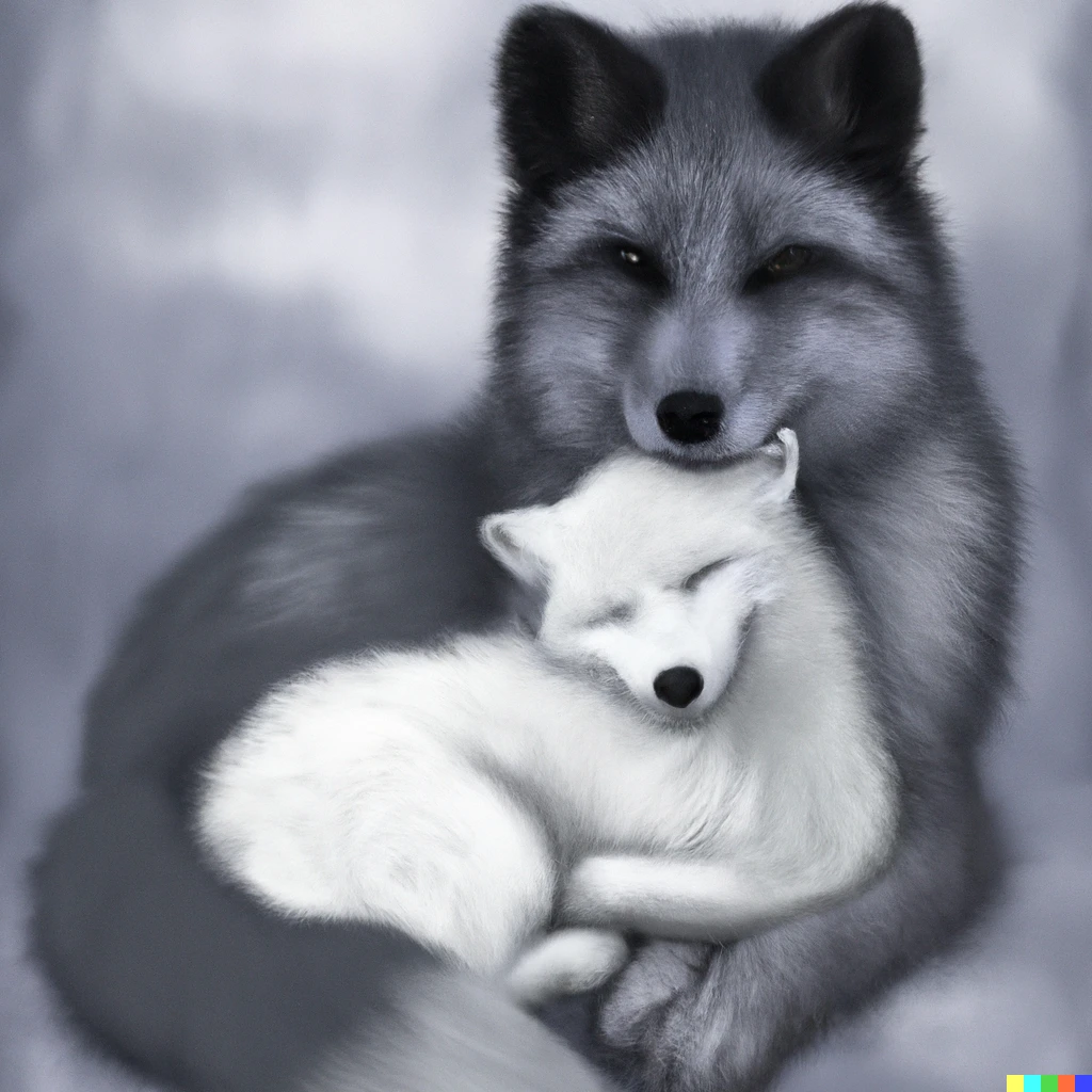 Prompt: a small white arctic fox hugging  a large grey wolf digital art