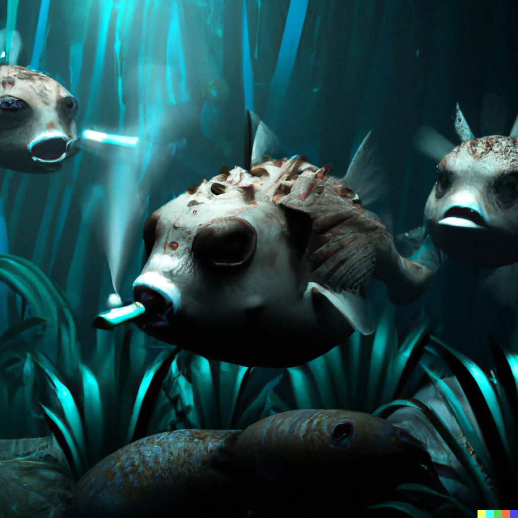 Prompt: 3D render 
Pufferfish smoking a joint with his friends underwater
Cyberpunk 