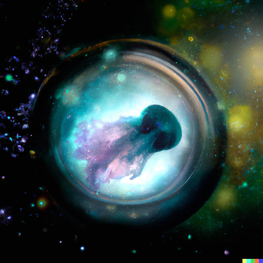 Prompt: Jellyfish glowing in a round glass bowl background nebula explosion 