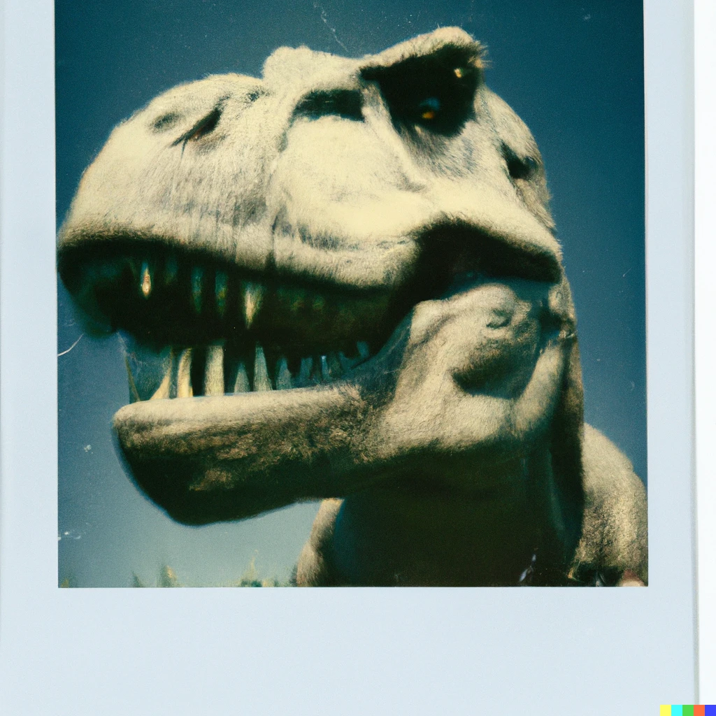Prompt: Polaroid photo of a Tyrannosaurus Rex staring into the camera