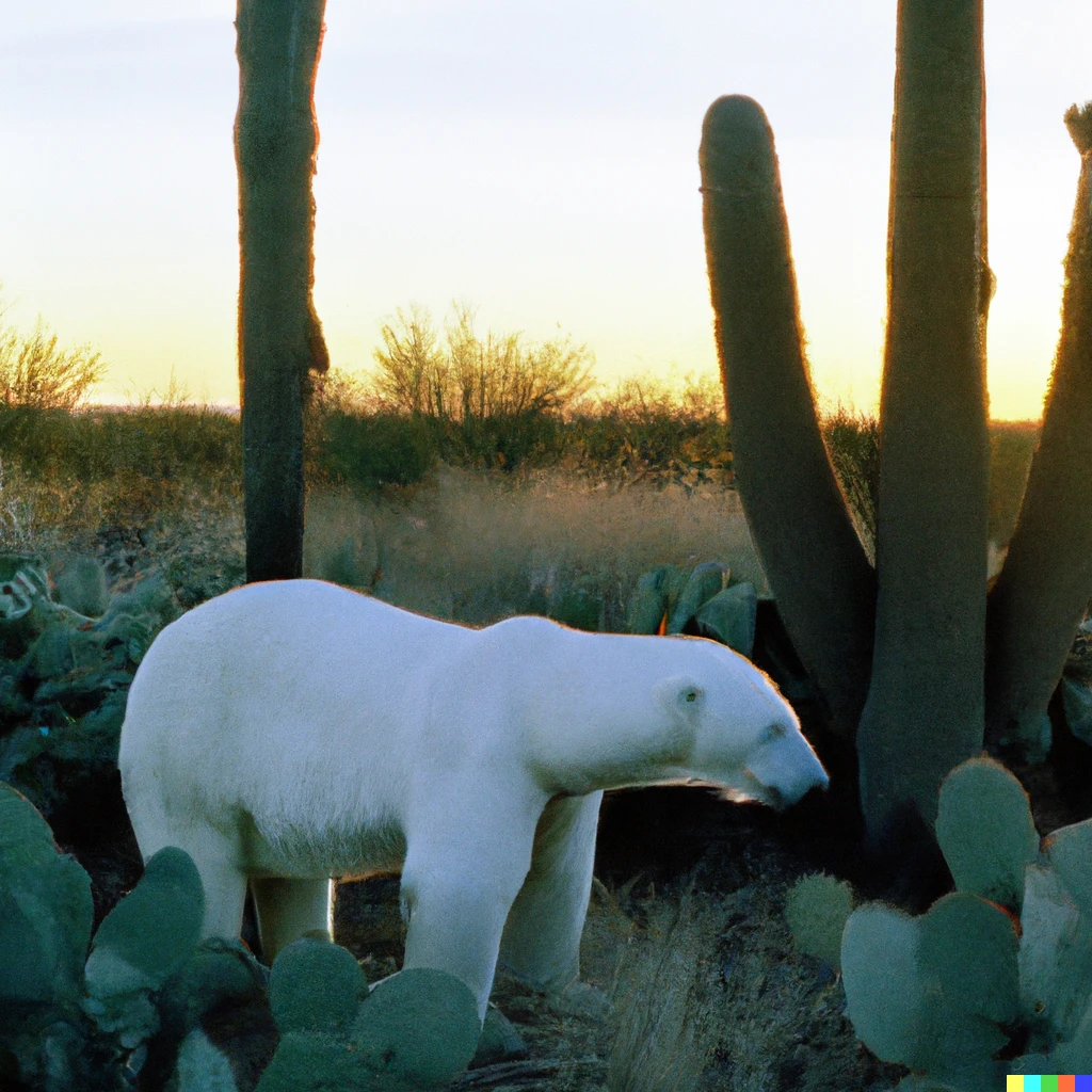 Prompt: A photo of a polar bear in a desert of cacti at sunset, 35mm film