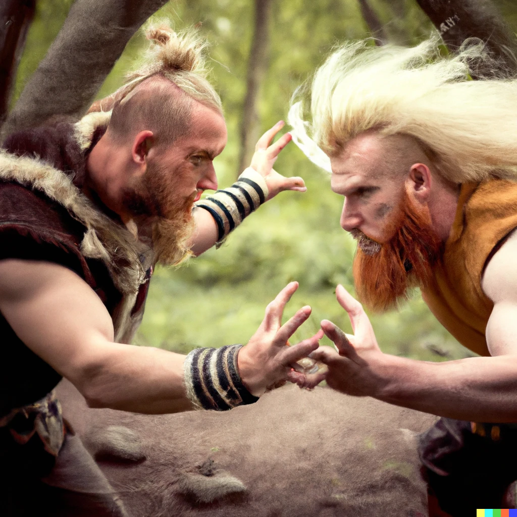 Prompt: two strong, big and beautifull bearded yellow hair white man viking fighting in forest