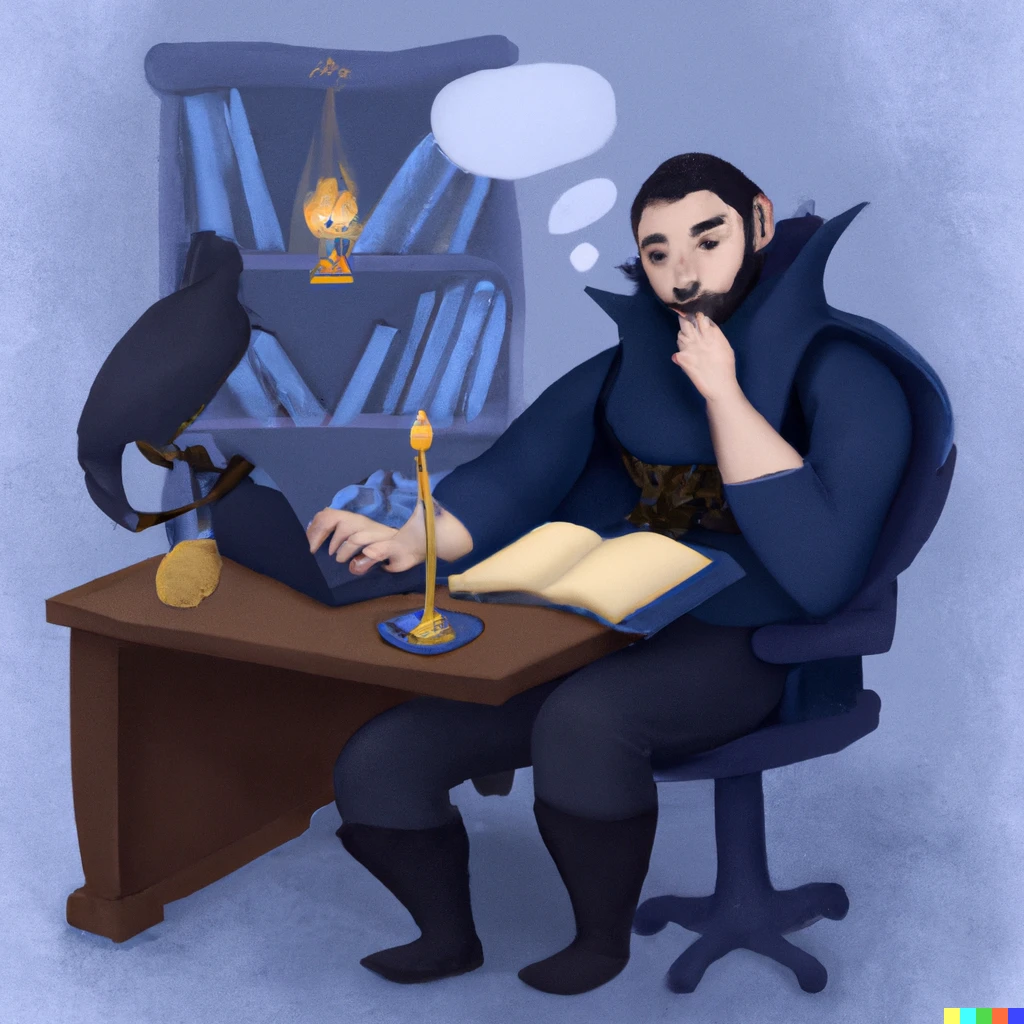 Prompt: author who wishes he was writing or playing d&d but instead is working