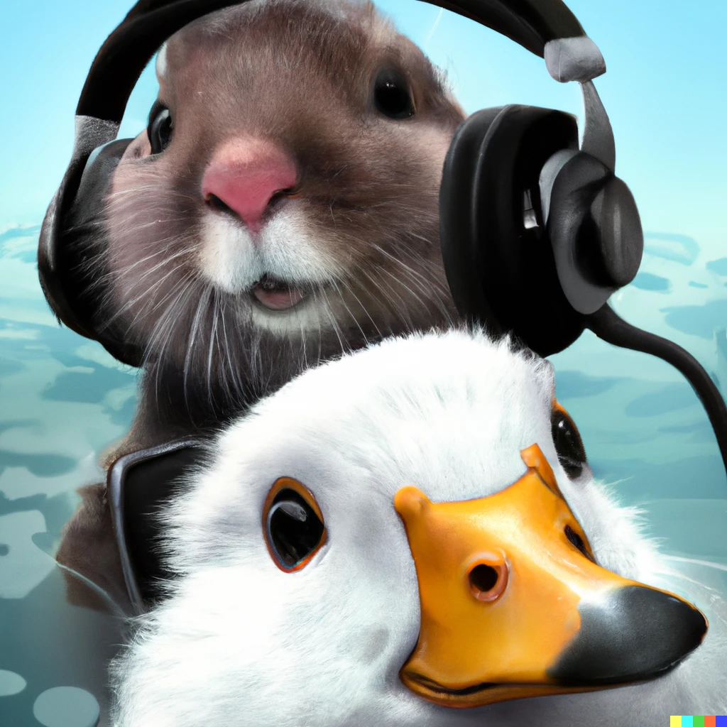 Prompt: sea otter and a white duck with headphones, digital art