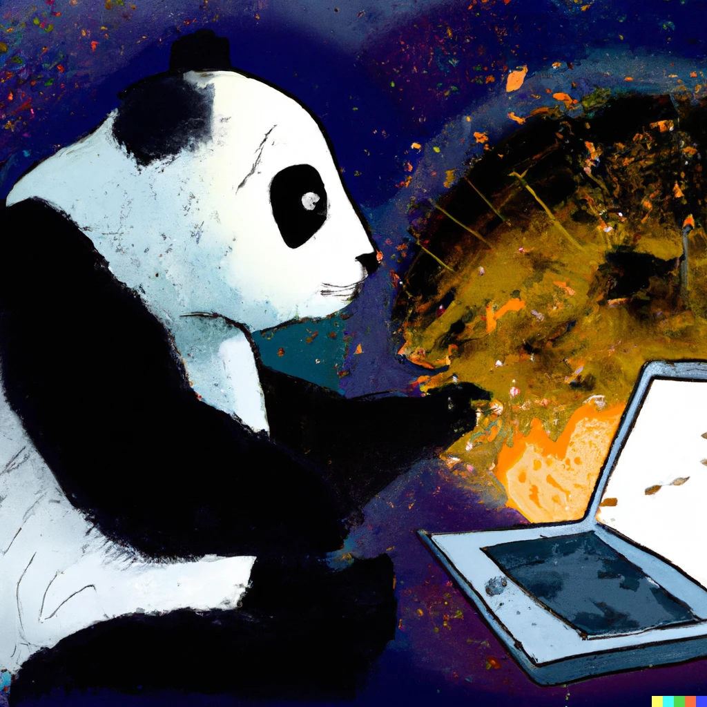 Prompt: A panda develops a web application. A meteorite strikes in the background. The end of the world is imminent. Painting.