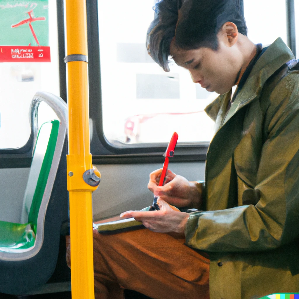 Prompt: An Asian man on a bus seat in a green trench coat and sweater, writing intently into a lined notebook with a leather cover using a fancy mechanical pencil. The perspective of the photo is from a person sitting behind the man. The orange pole that the yellow and red stop button is attached to is visible at the edge of the frame, but blurred out.