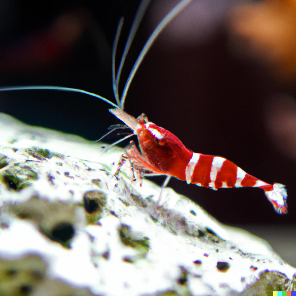Prompt: Red Bee Shrimp gracefully swims in the aquarium