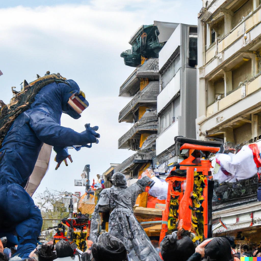Prompt: A group of festivals pulling floats in Kyoto and Godzilla attacking