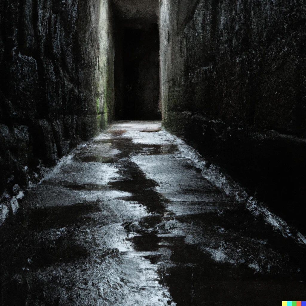 Prompt: The dark hallway, made entirely of stone, stretches into a black void. The dripping of water is heard as condensation escapes from in between the stones and into muddy puddles on the wet floor.