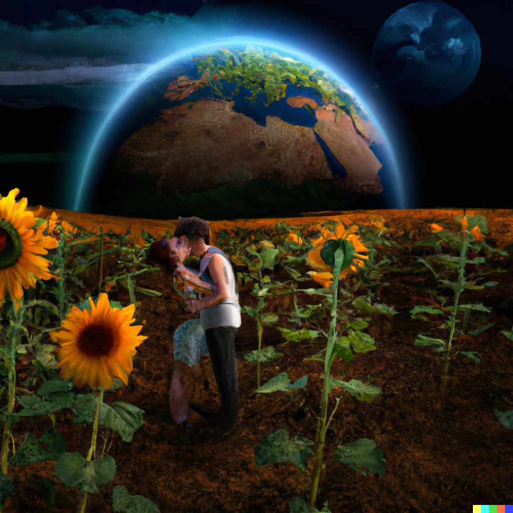 Prompt: Couple kissing in a sunflower field over an extraterrestrial planet, realistic 