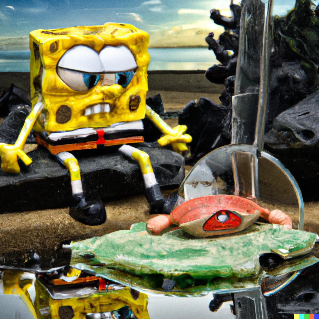 Prompt: Depressed SpongeBob, cartoon style, on a glass beach, photorealistic, eating a ninja turtle