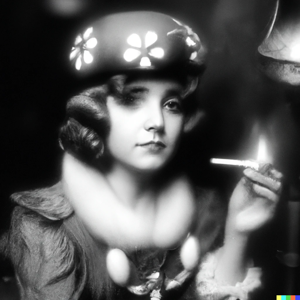 Prompt: Nintendo's Princess Toadstool sipping her martini with a cigarette in an ashtray seated at the bar of a smokey speakeasy circa 1920, detailed daguerreotype portrait 