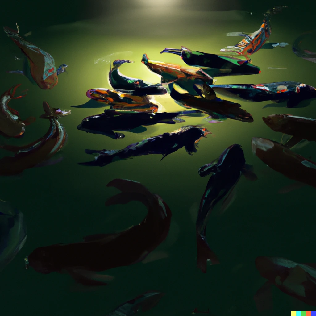 Prompt: Some koi fish was glowing below the pond's murky surface under the Moonlight, digital art.