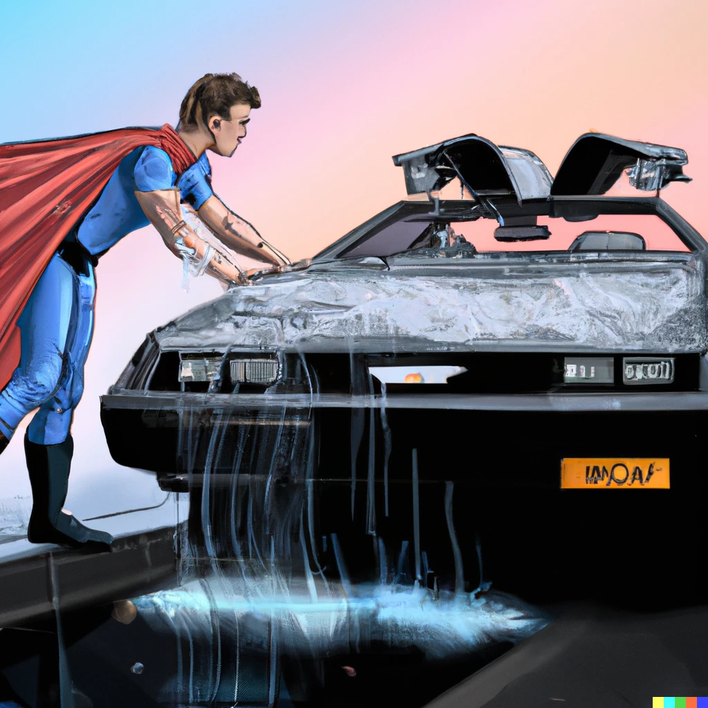 Prompt: superman washing a DeLorean car 