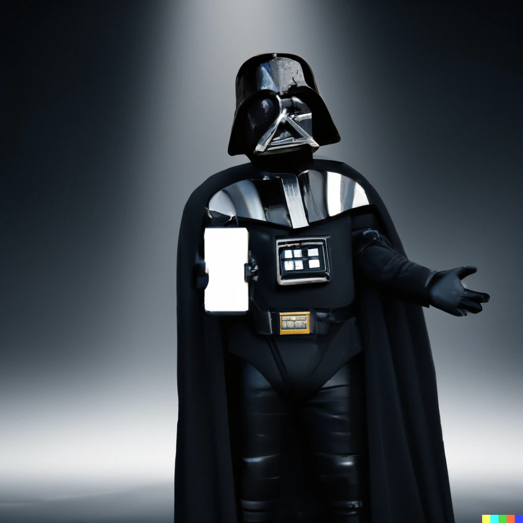 Prompt: Darth Vader introducing iPhone for the first time on stage 