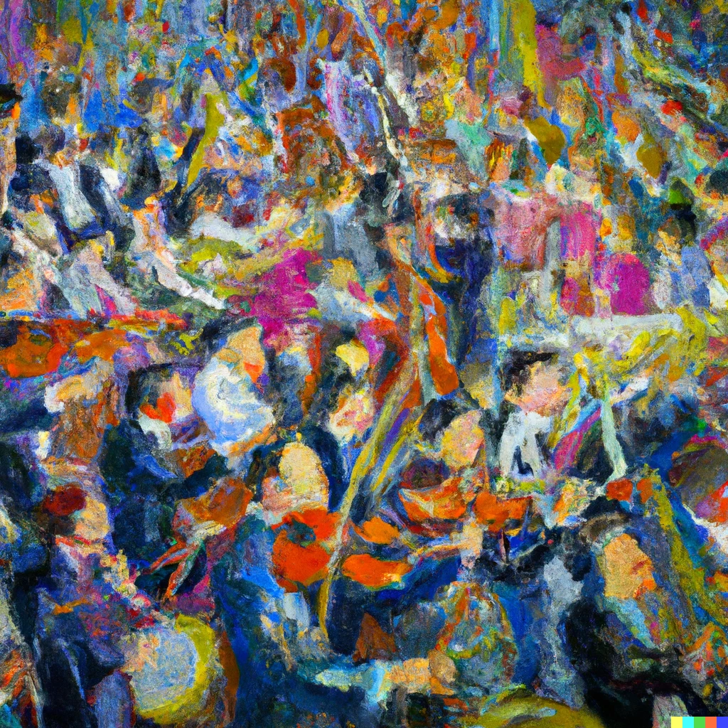 Prompt: An Impressionist oil painting of a large orchestra