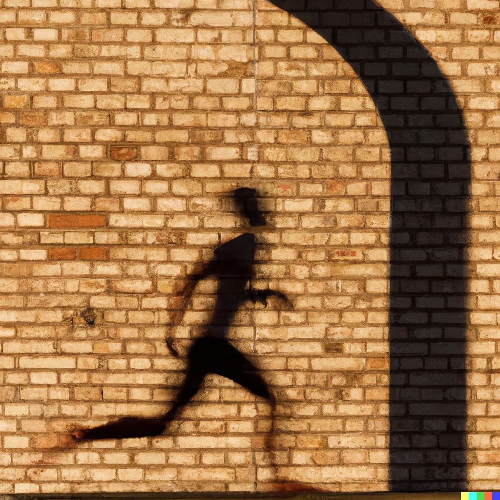 Prompt: shadow of a person running along a brick wall, professional picture, award-winning