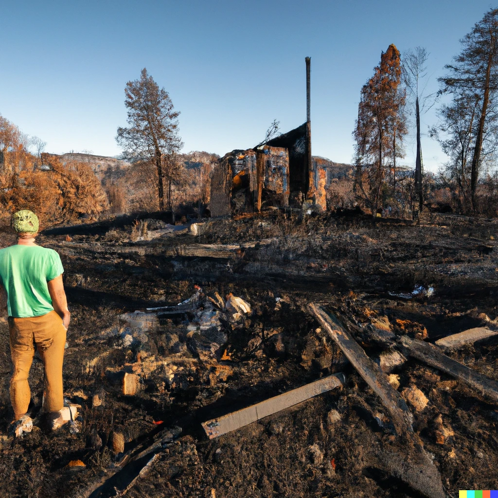 Prompt: person looking at their destroyed home after a wildfire, national geographic