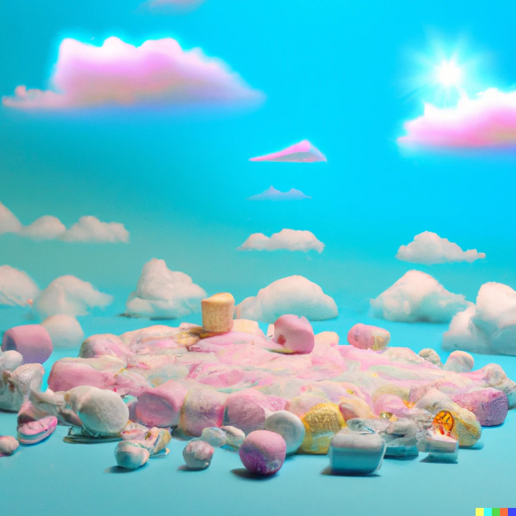 Prompt: A world made entirely of candy, sky is a deep blue and the sun is a giant marshmallow. The ground is soft and bouncy like cotton candy, and every creature is some kind of dessert. Multi-compositional image with food photography.