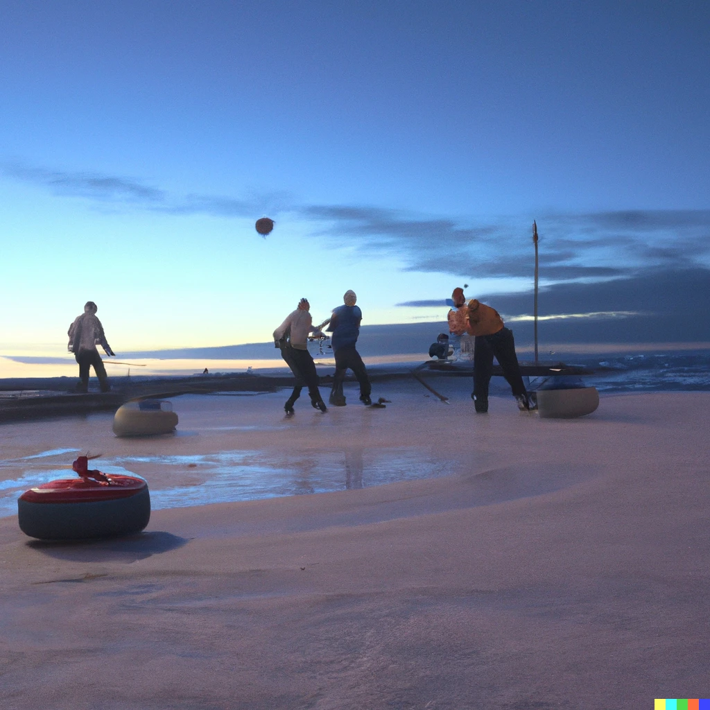 Prompt: people playing curling on a beach at sunset, cinematic lighting, 4k