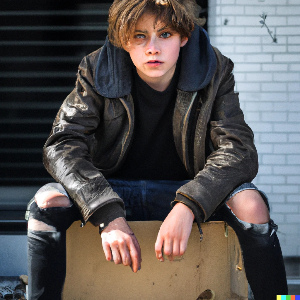 Prompt: A photo of a homeless teenage boy with light brown messy hair sitting on a planter box with a leather jacket and dark ragged jeans, 
