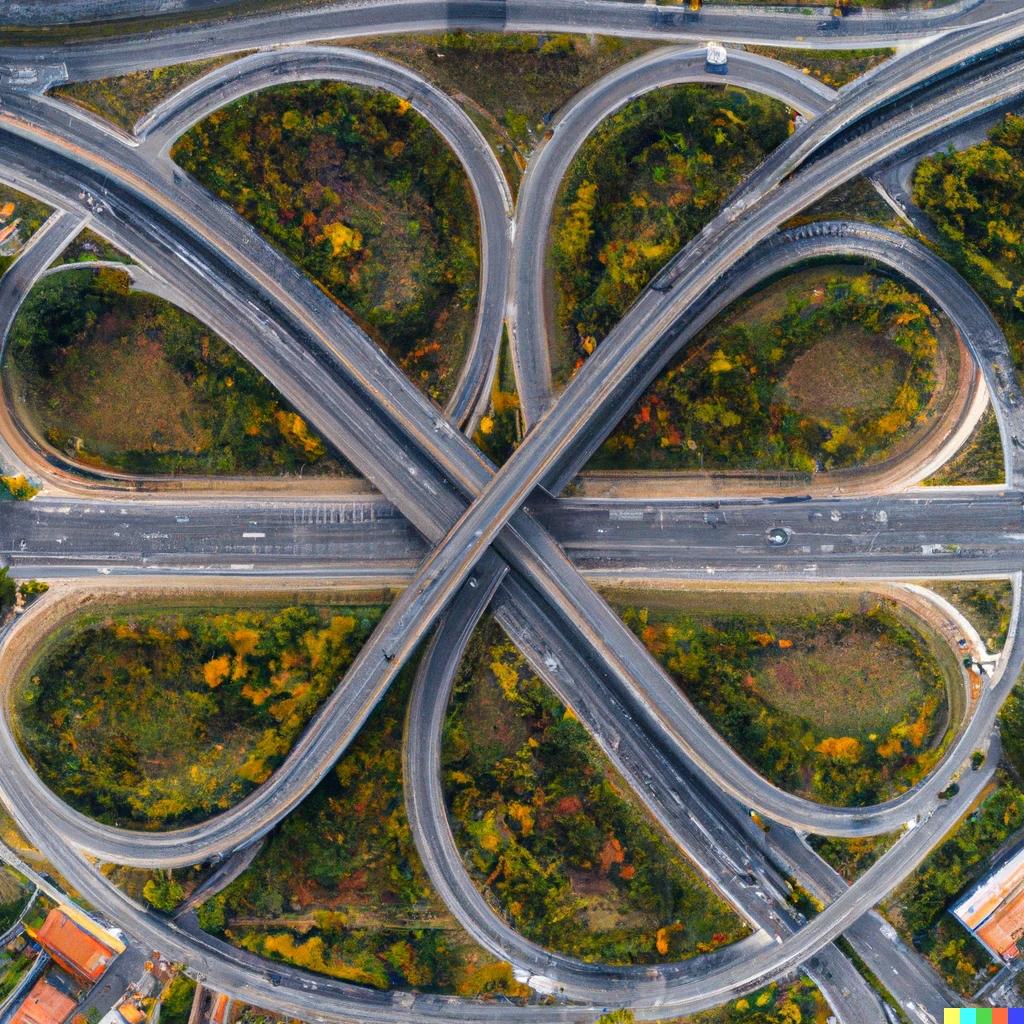 Prompt: a interchange of lots of freeways viewed from above, realistic photo, award-winning