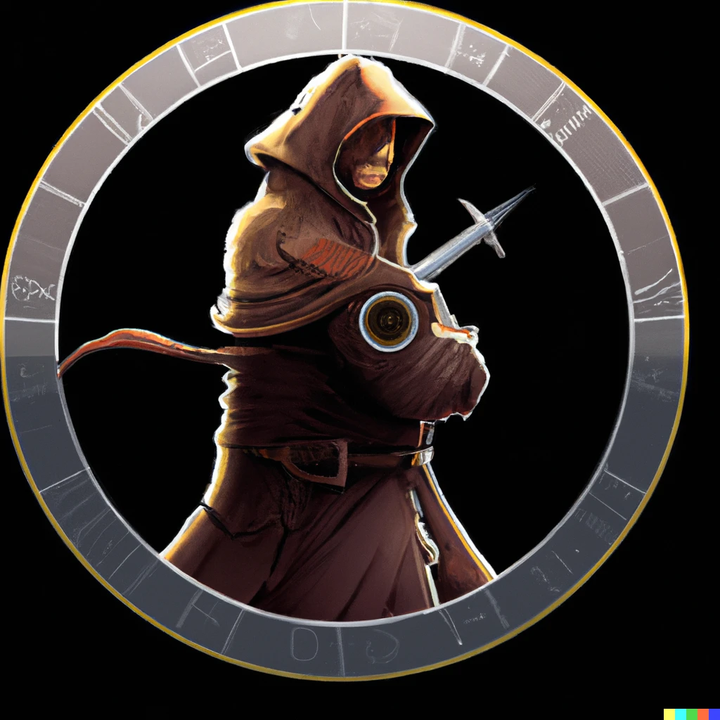 Prompt: Tabletop RPG round token with a sleek border, a city guard with a dark, wooden quarterstaff on his back. Digital art