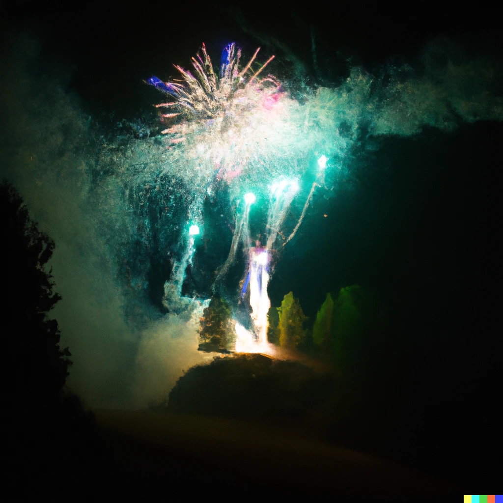 Prompt: fireworks over a forest fire, professional picture, cinematic lighting, award-winning