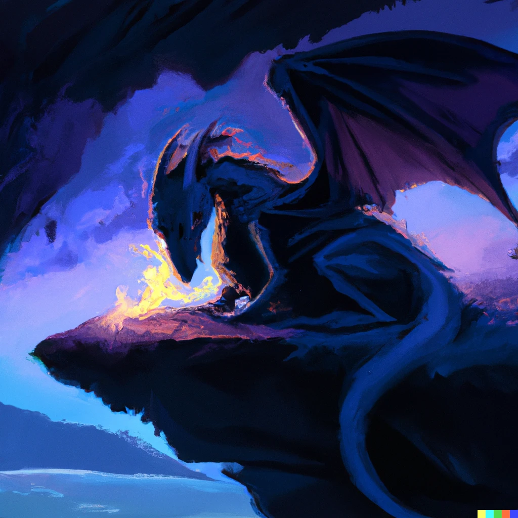 Prompt: a sad dragon sitting on a cliff at night, digital art